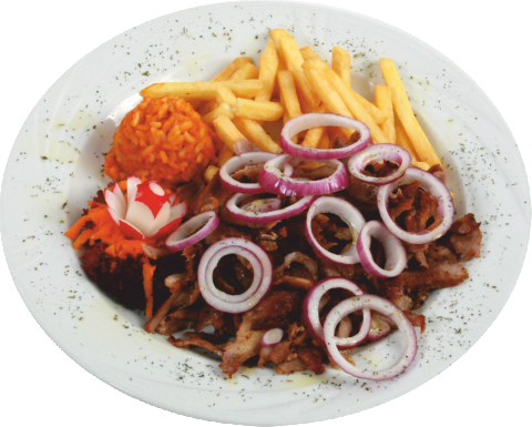 Gyros mit Zwiebeln, Pommes und Reis
